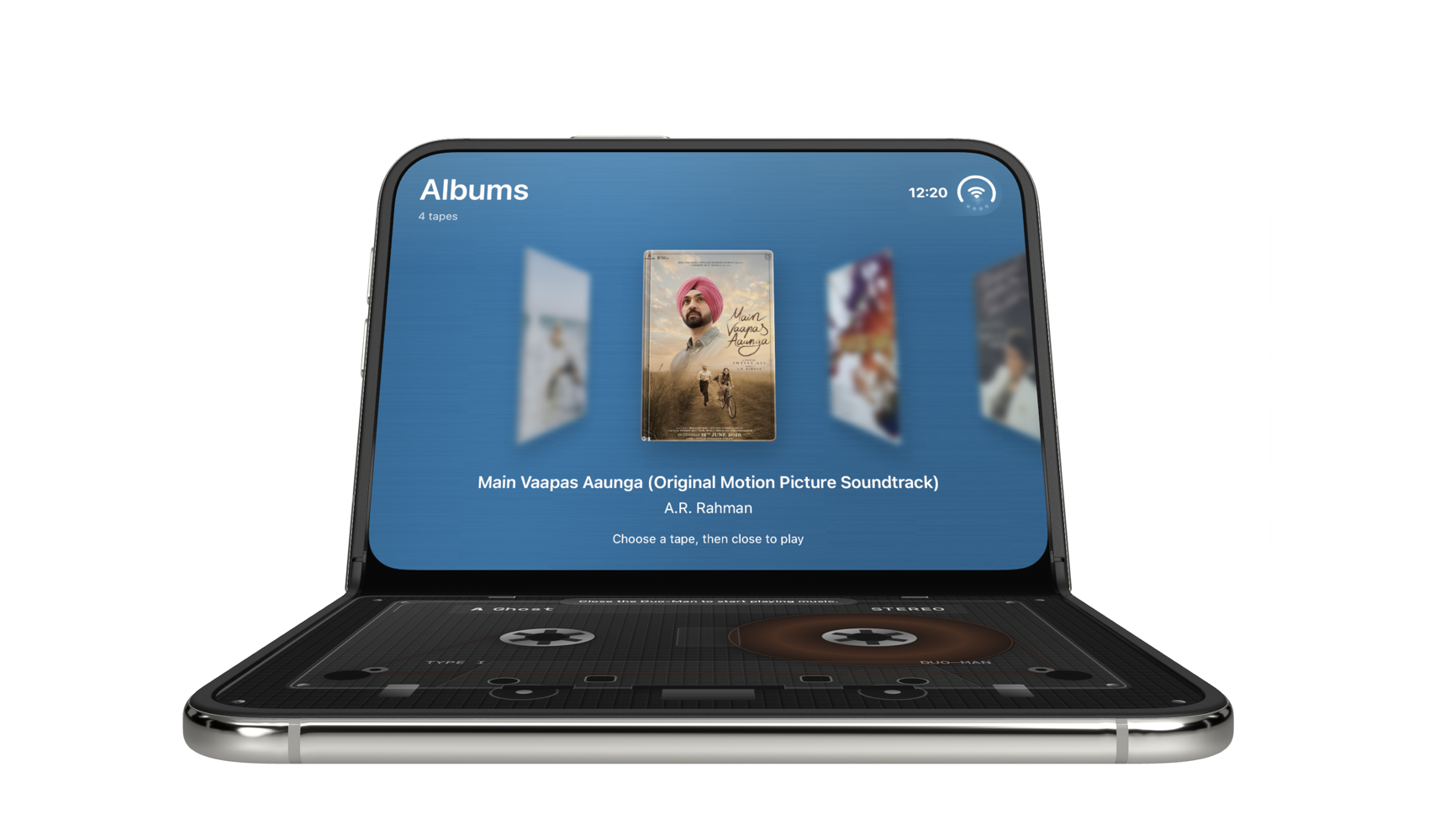 Duo-Man in laptop mode: tape picker above, cassette deck below