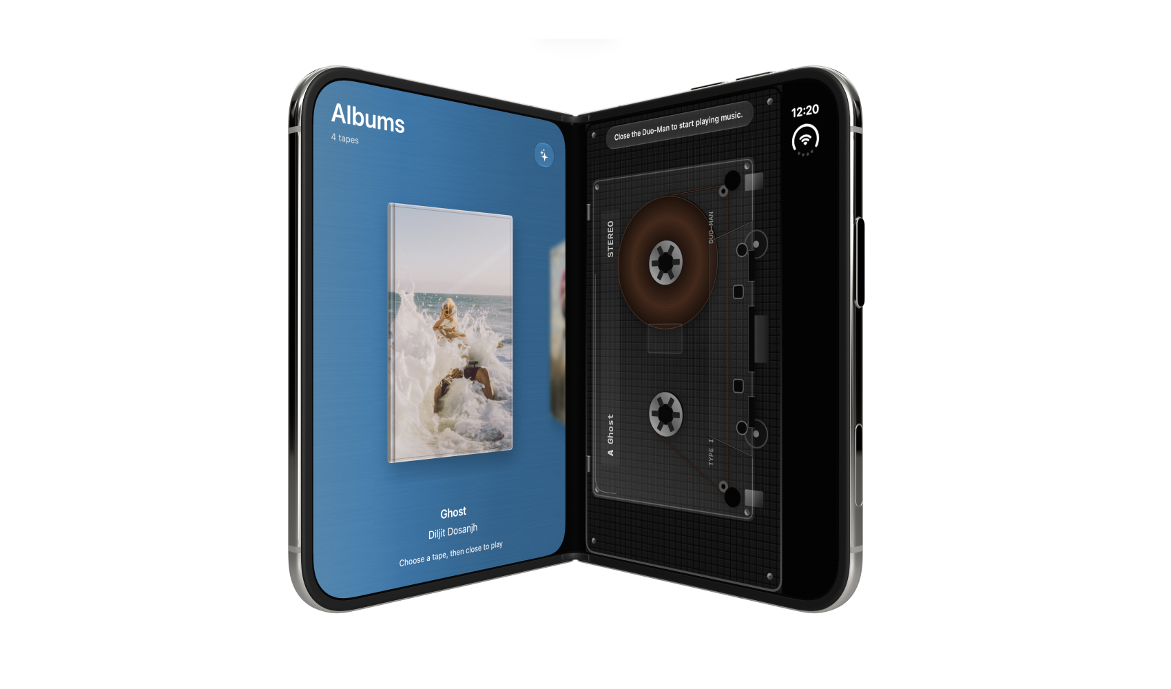 Duo-Man open: an album shelf on the left panel and the empty cassette deck on the right