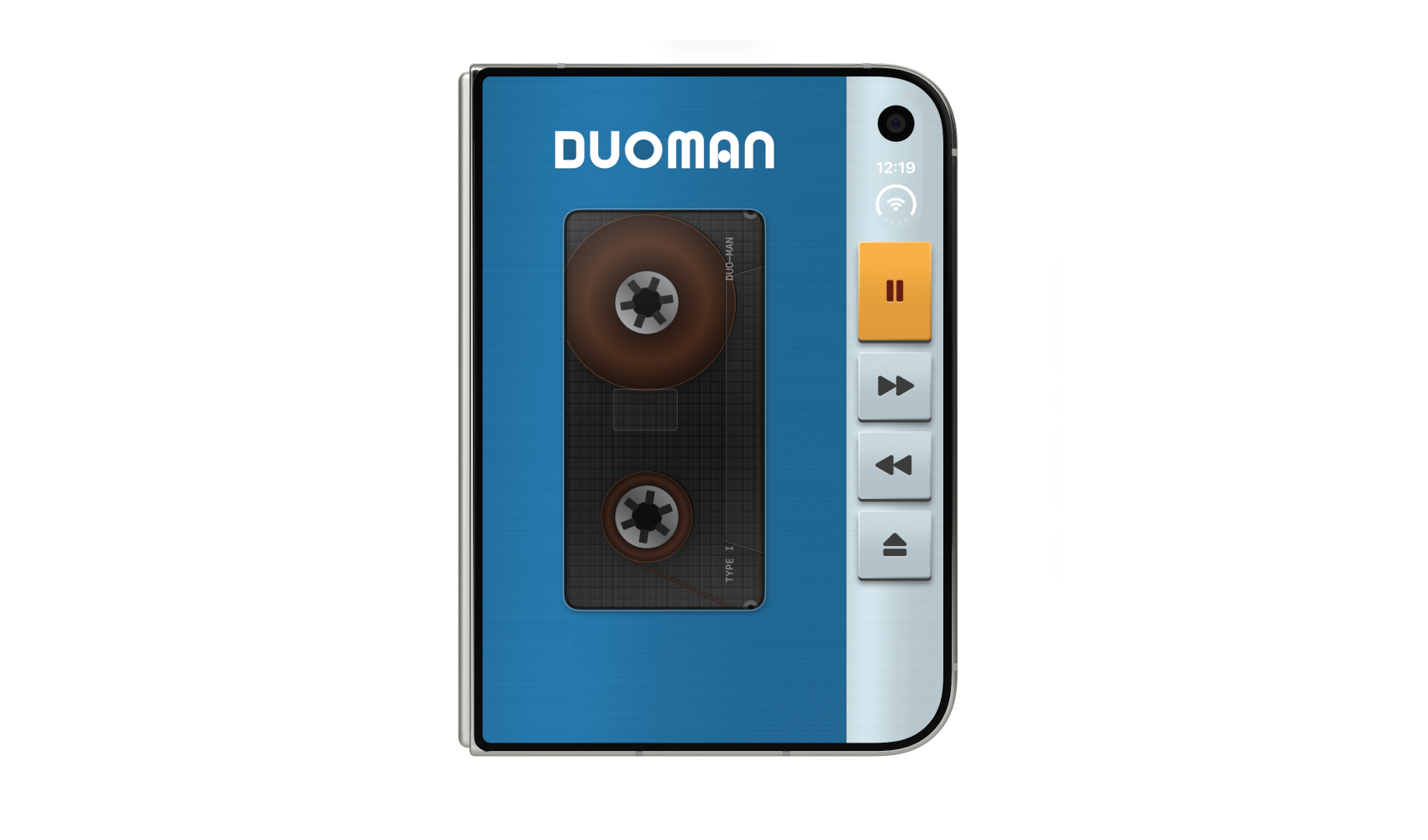 Duo-Man closed: a blue Walkman-style player with a cassette window and play, fast-forward, rewind and eject keys